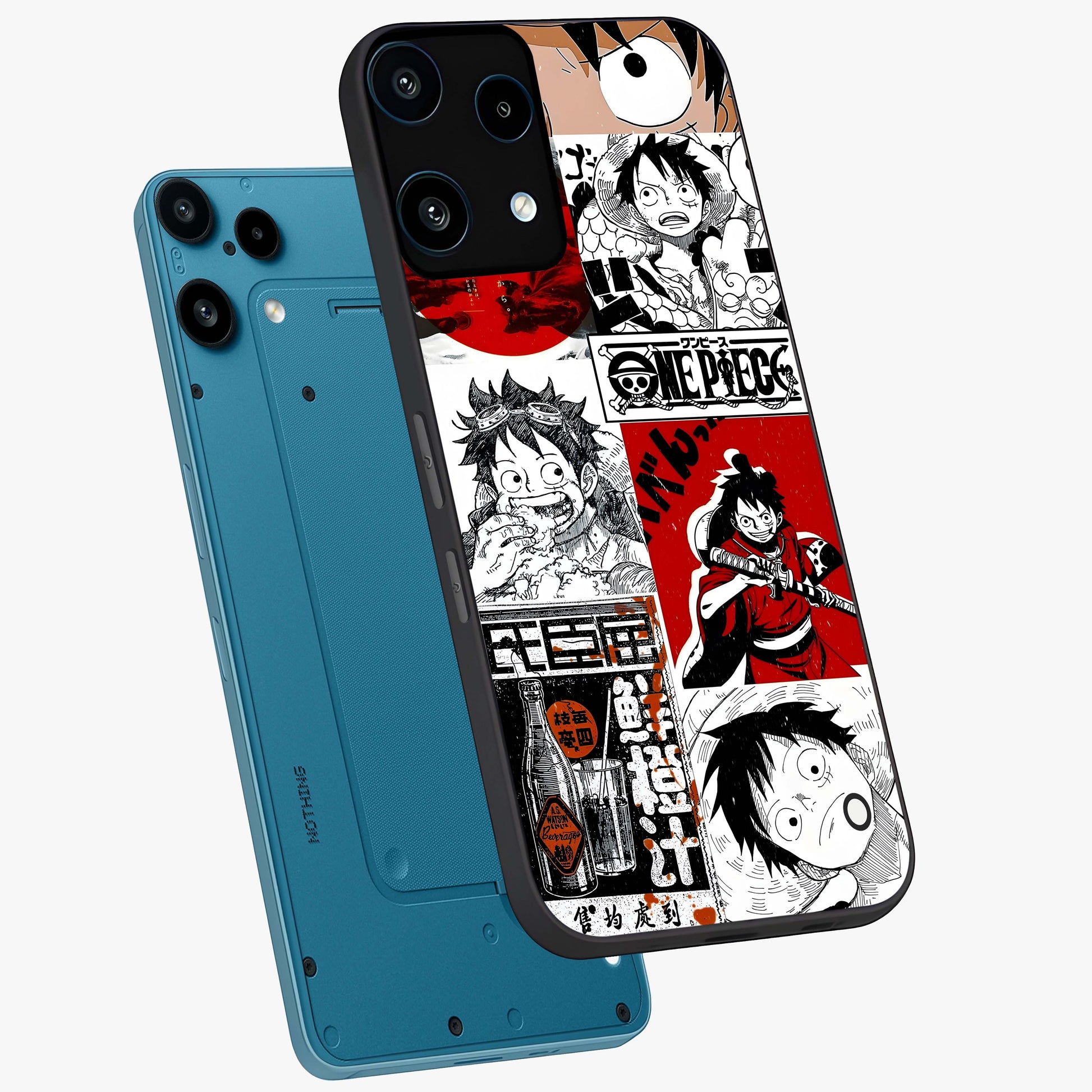 Strawhat Chaos Panels Glass Case displayed in angled mockup highlighting vibrant anime collage design with action aesthetic.