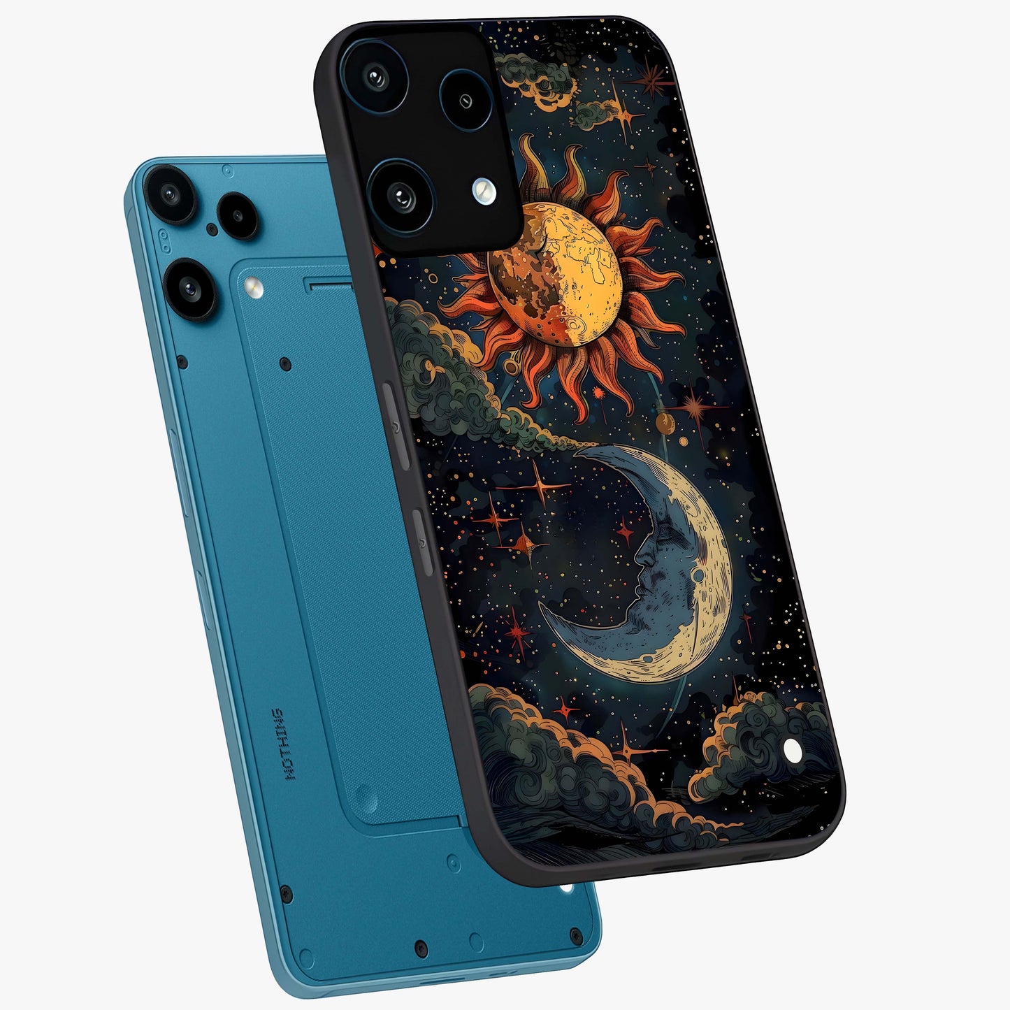 Sun And Moon Magic Design Glass Case displayed in angled mockup highlighting celestial design with magical cosmic aesthetic.