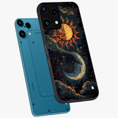 Sun And Moon Magic Design Glass Case displayed in angled mockup highlighting celestial design with magical cosmic aesthetic.