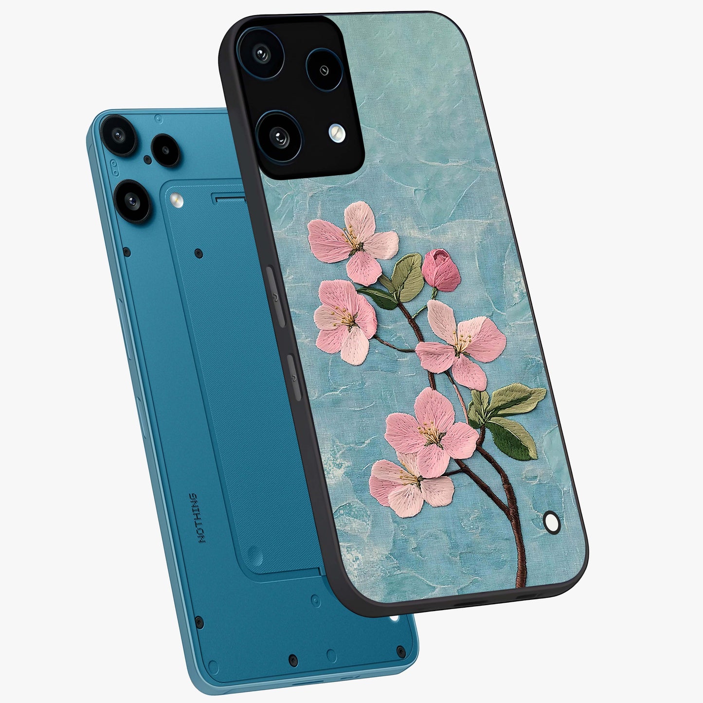 Threaded Blossom Breeze Glass Case displayed in angled mockup highlighting elegant floral design with soft aesthetic style.