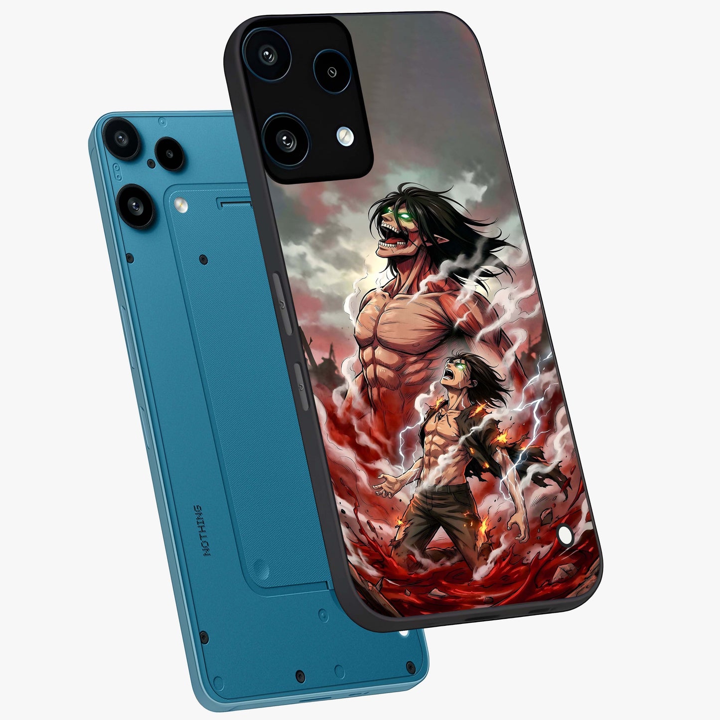 Titan Awakening Fury Glass Case displayed in angled mockup highlighting dramatic giant warrior design with bold anime aesthetic.