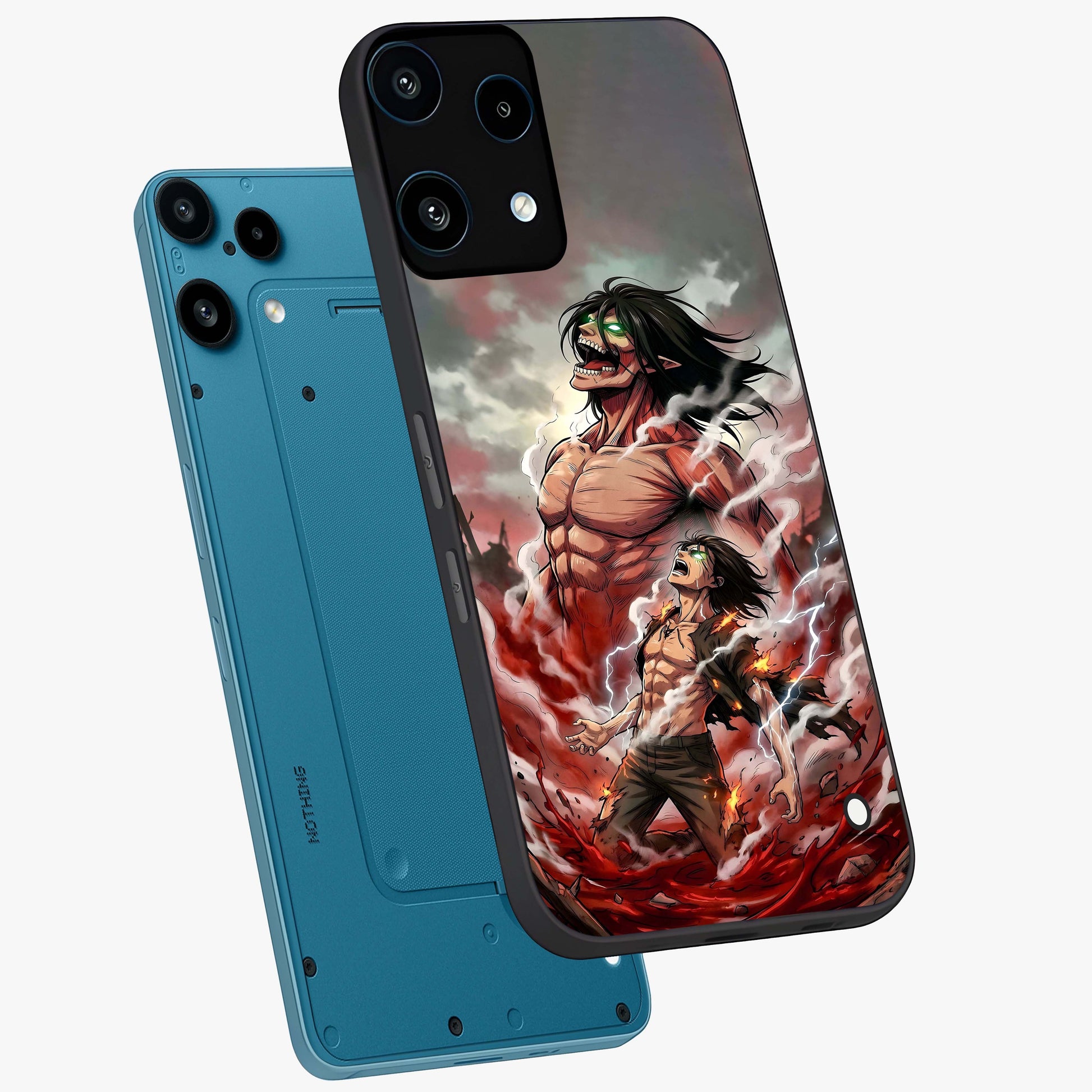 Titan Awakening Fury Glass Case displayed in angled mockup highlighting dramatic giant warrior design with bold anime aesthetic.