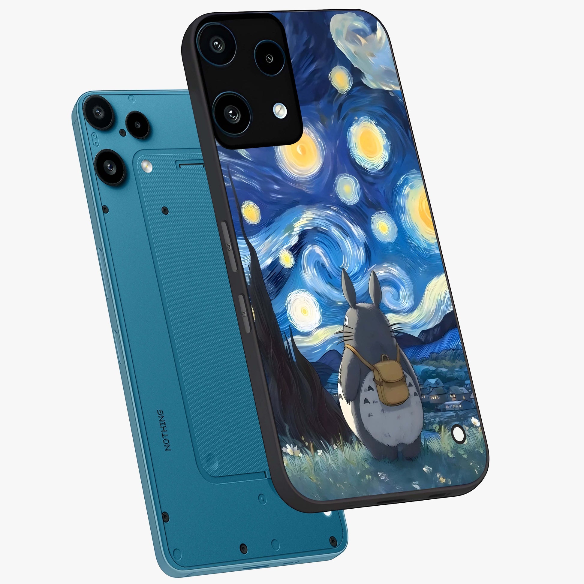 Totoro In Van Gogh Art Glass Case displayed in angled mockup highlighting artistic swirling sky design with playful animation aesthetic.