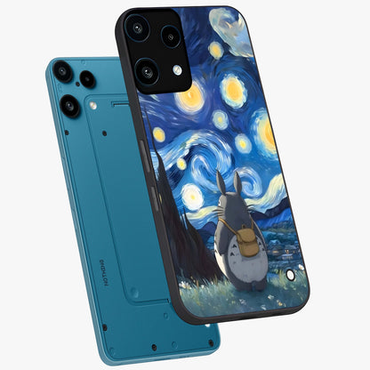 Totoro In Van Gogh Art Glass Case displayed in angled mockup highlighting artistic swirling sky design with playful animation aesthetic.