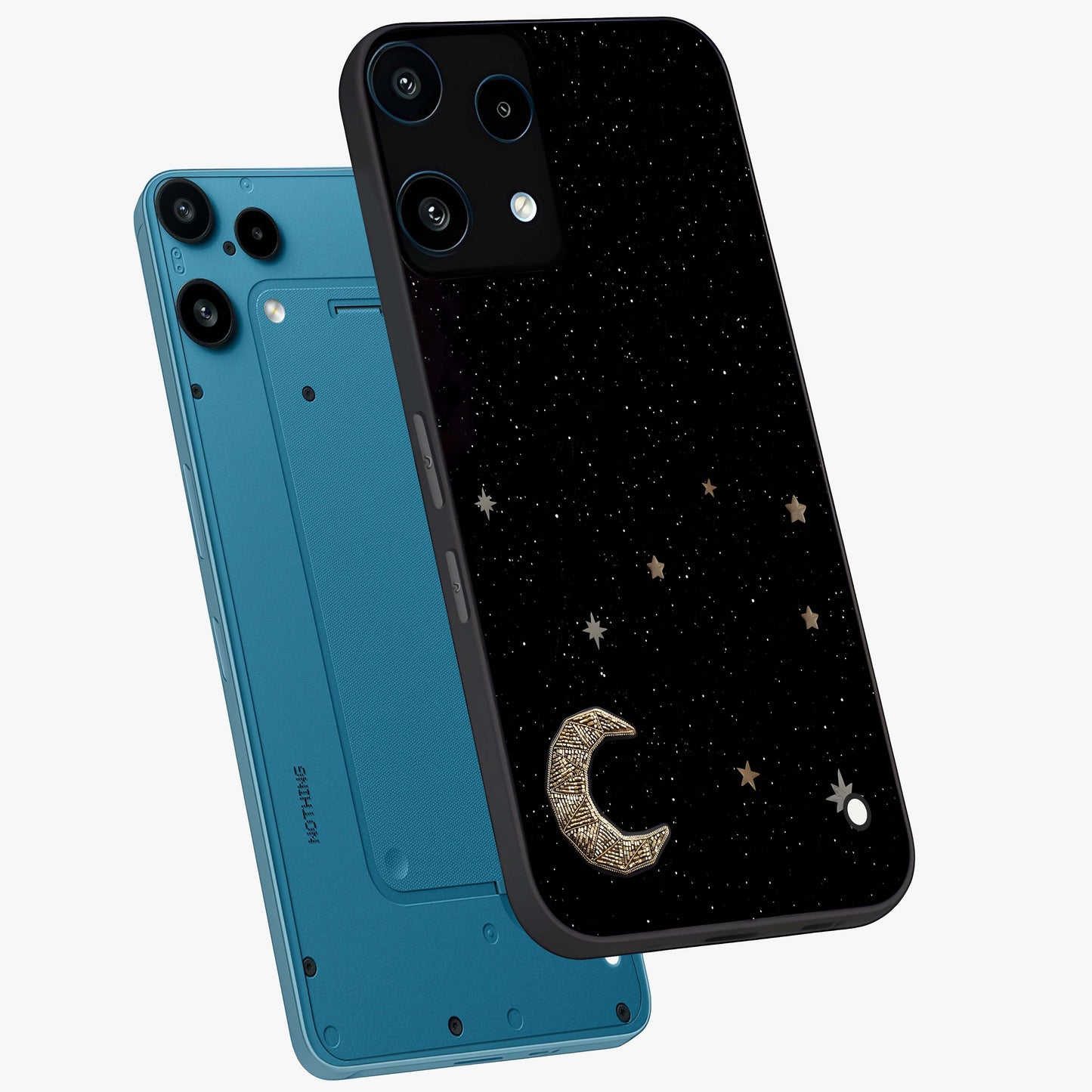 Twinkle Star With Half Moon Glass Case displayed in angled mockup highlighting celestial moon and star design with magical aesthetic.