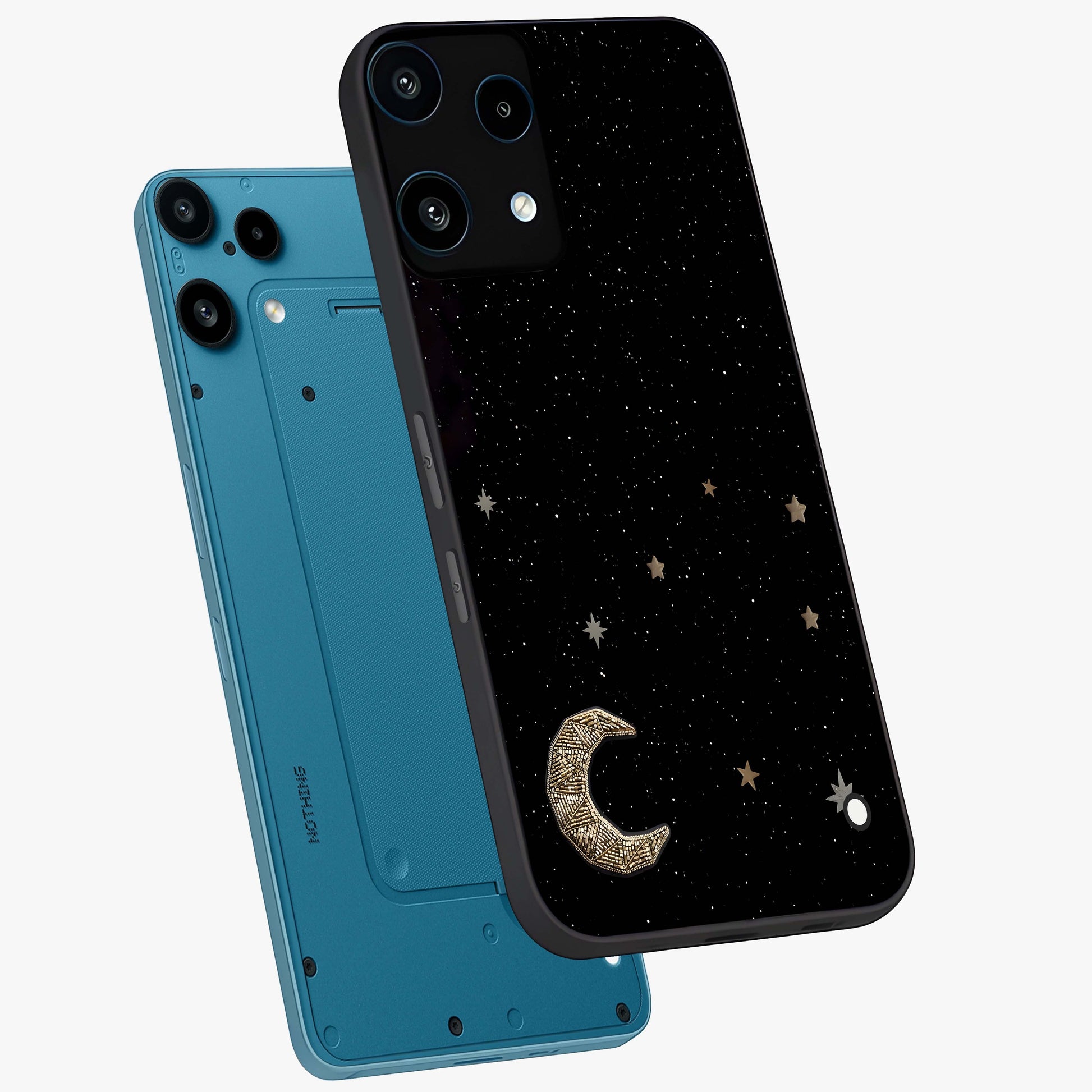 Twinkle Star With Half Moon Glass Case displayed in angled mockup highlighting celestial moon and star design with magical aesthetic.