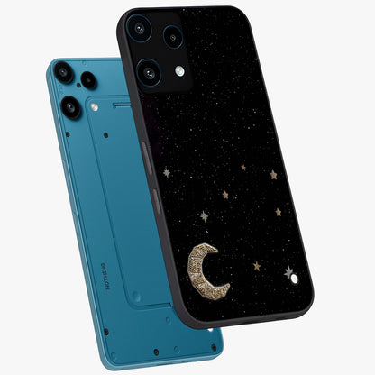 Twinkle Star With Half Moon Glass Case displayed in angled mockup highlighting celestial moon and star design with magical aesthetic.