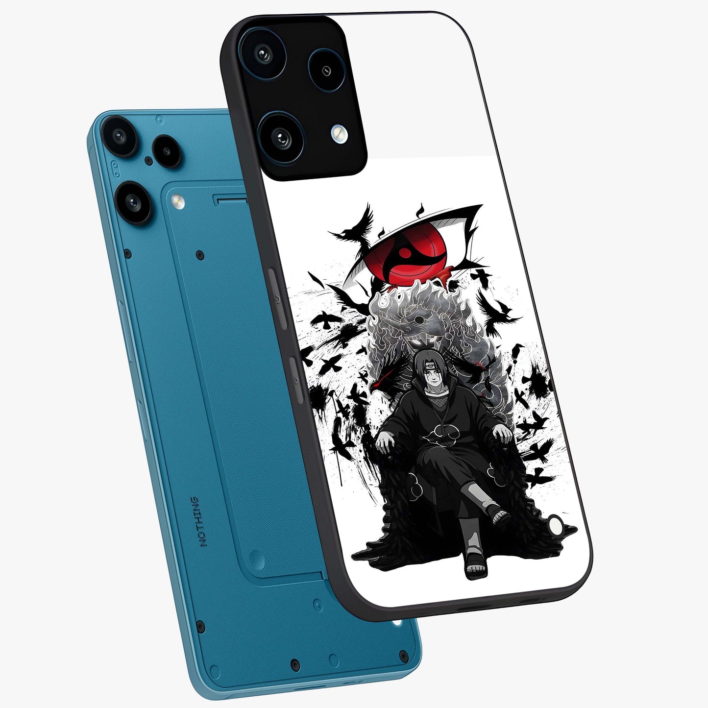 Uchiha Shadow Throne Glass Case displayed in angled mockup highlighting glowing aquatic design with celestial aesthetic.
