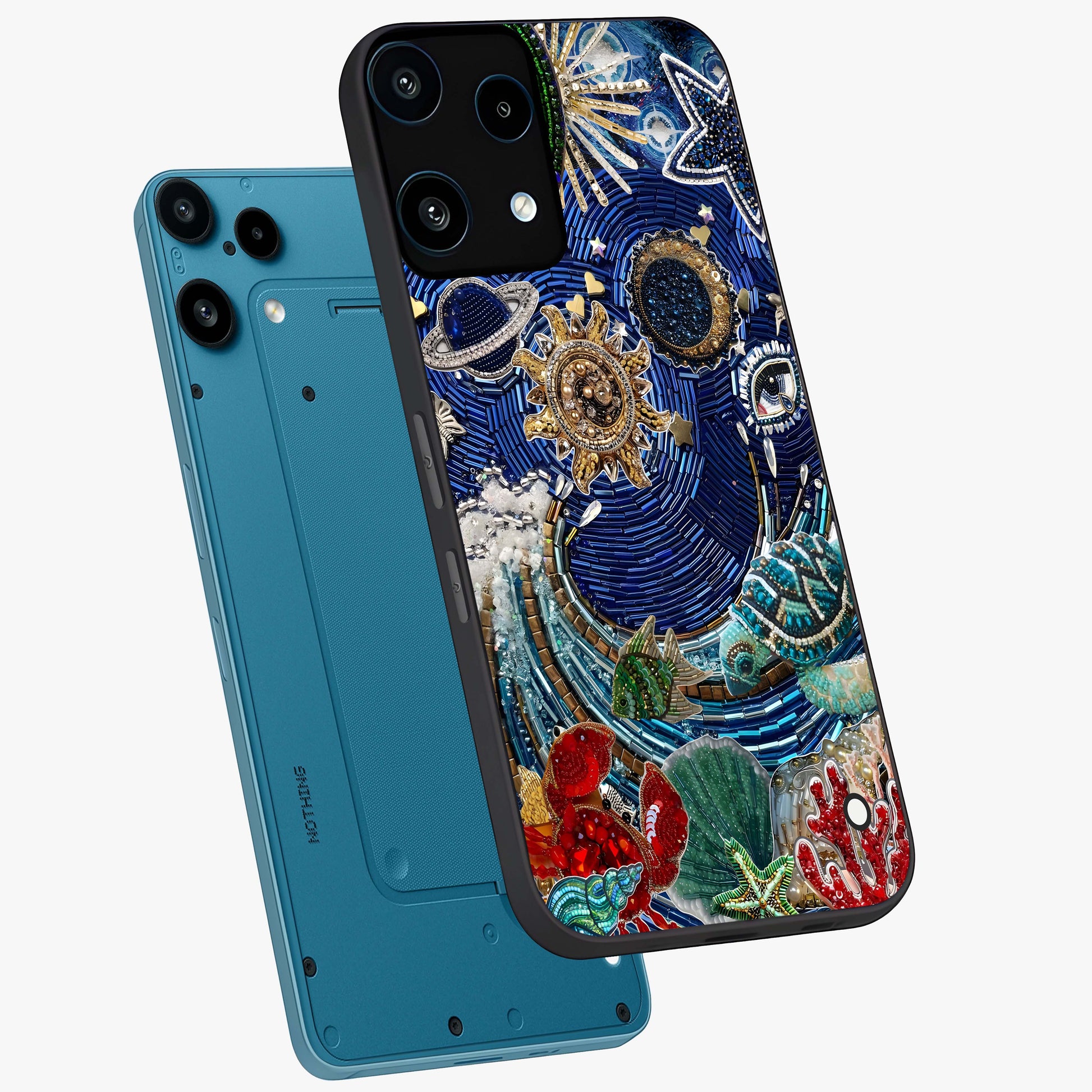 Universe Underwater Spark Glass Case displayed in angled mockup highlighting glowing aquatic design with celestial aesthetic.