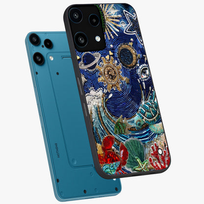 Universe Underwater Spark Glass Case displayed in angled mockup highlighting glowing aquatic design with celestial aesthetic.