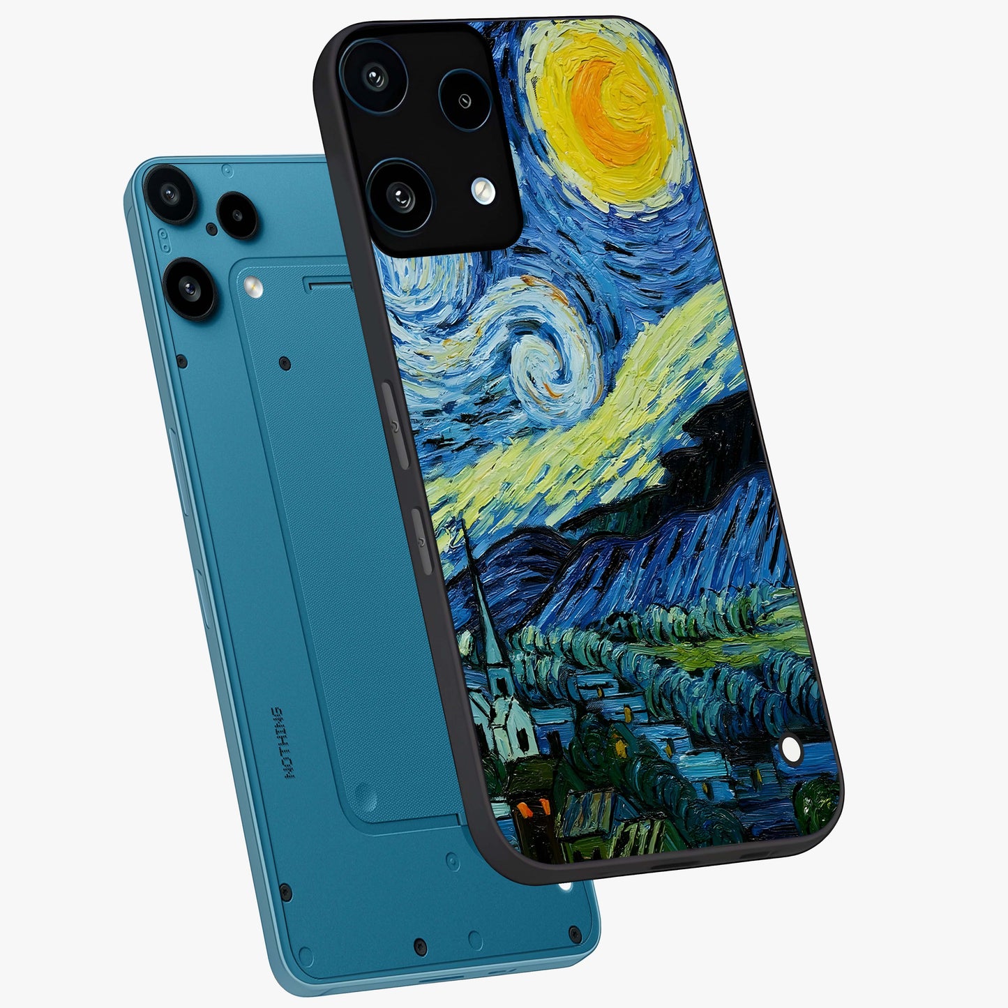 Van Gogh Art Glass Case displayed in angled mockup highlighting swirling brushstroke design with artistic aesthetic.