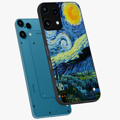 Van Gogh Art Glass Case displayed in angled mockup highlighting swirling brushstroke design with artistic aesthetic.