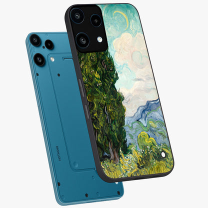 Van Gogh Vintage Art Glass Case displayed in angled mockup highlighting textured brushstroke design with classic aesthetic.