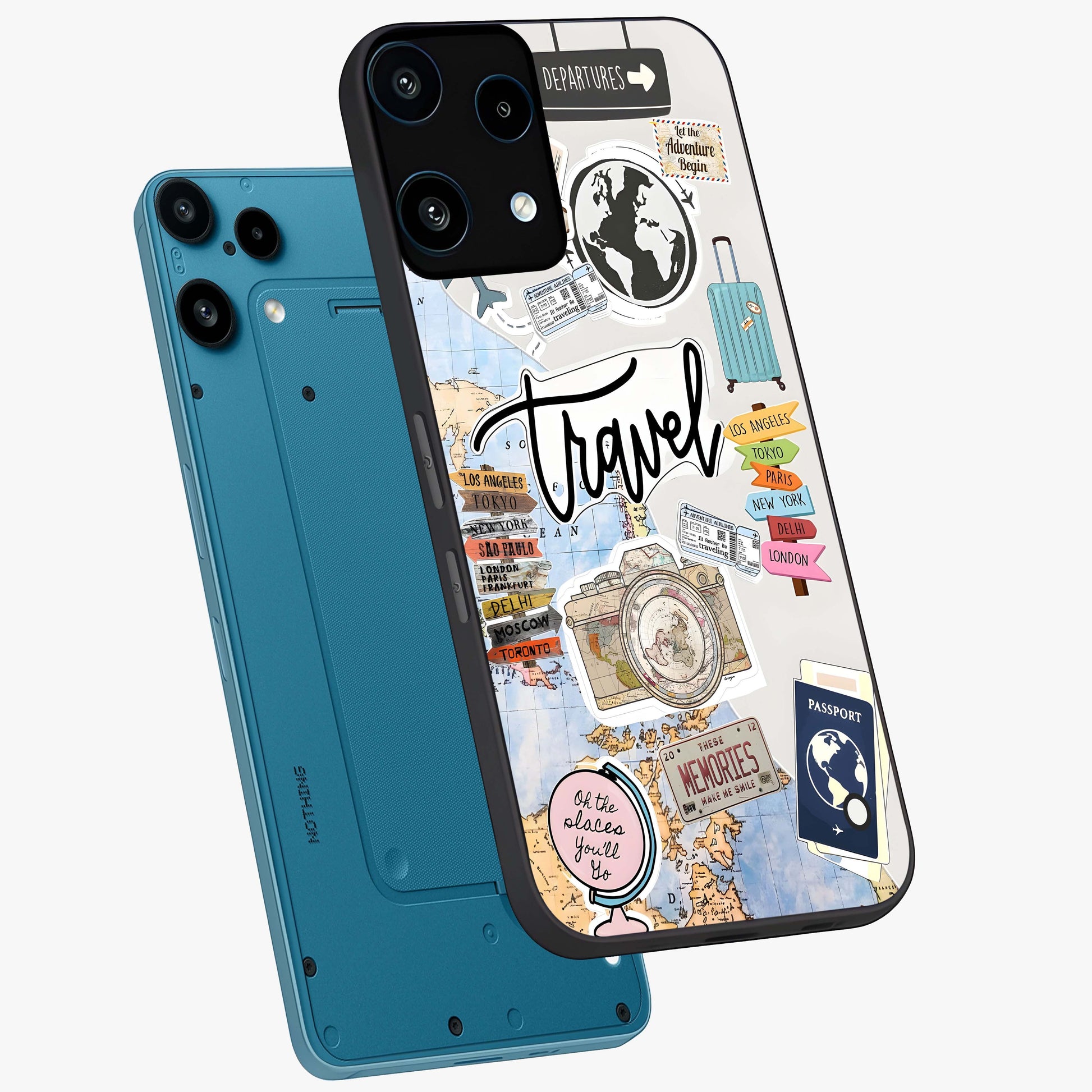 Wanderlust Journal Glass Case displayed in angled mockup highlighting adventure themed design with aesthetic travel vibe.