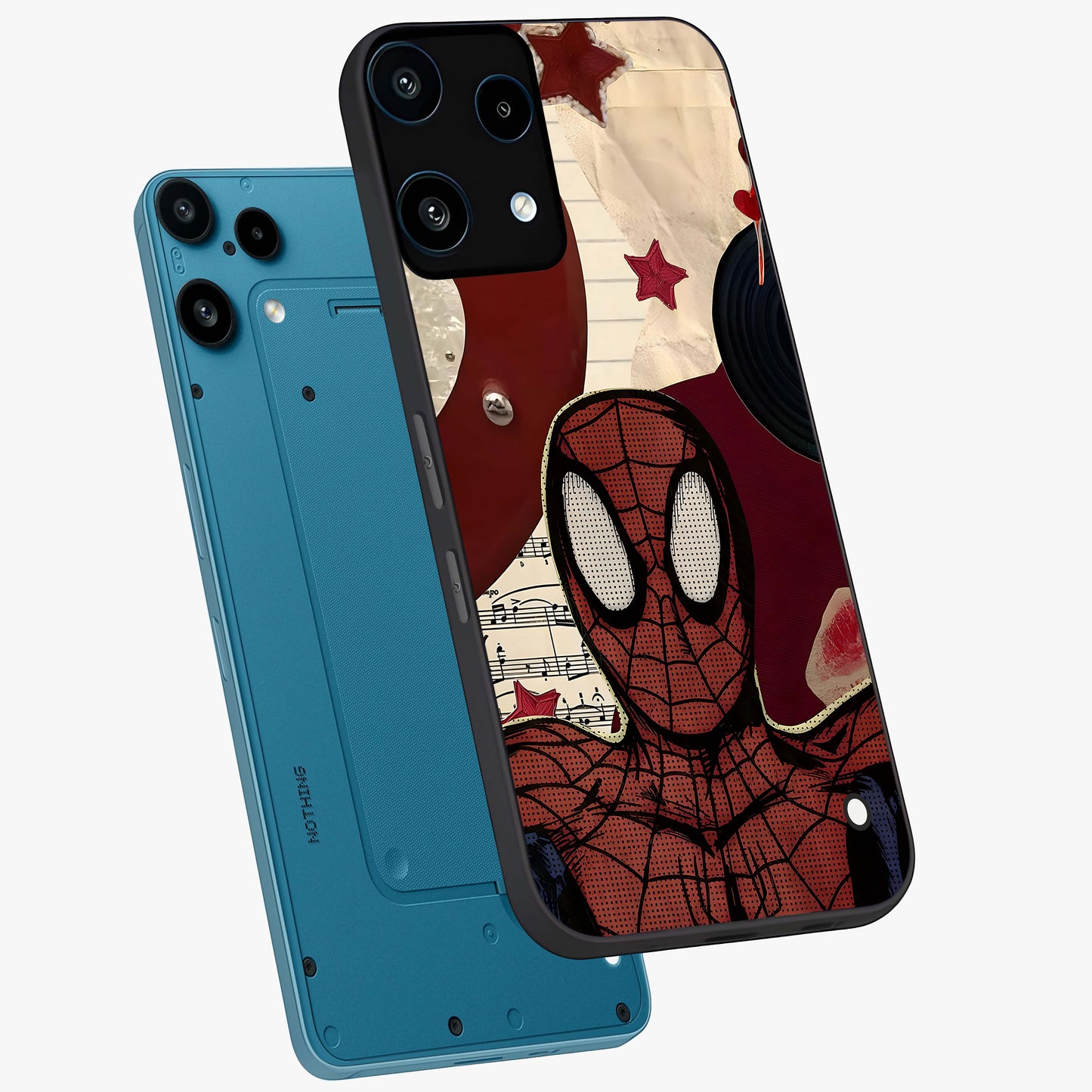 Web Warrior Vibes Glass Case displayed in angled mockup highlighting dynamic web design with comic style aesthetic.