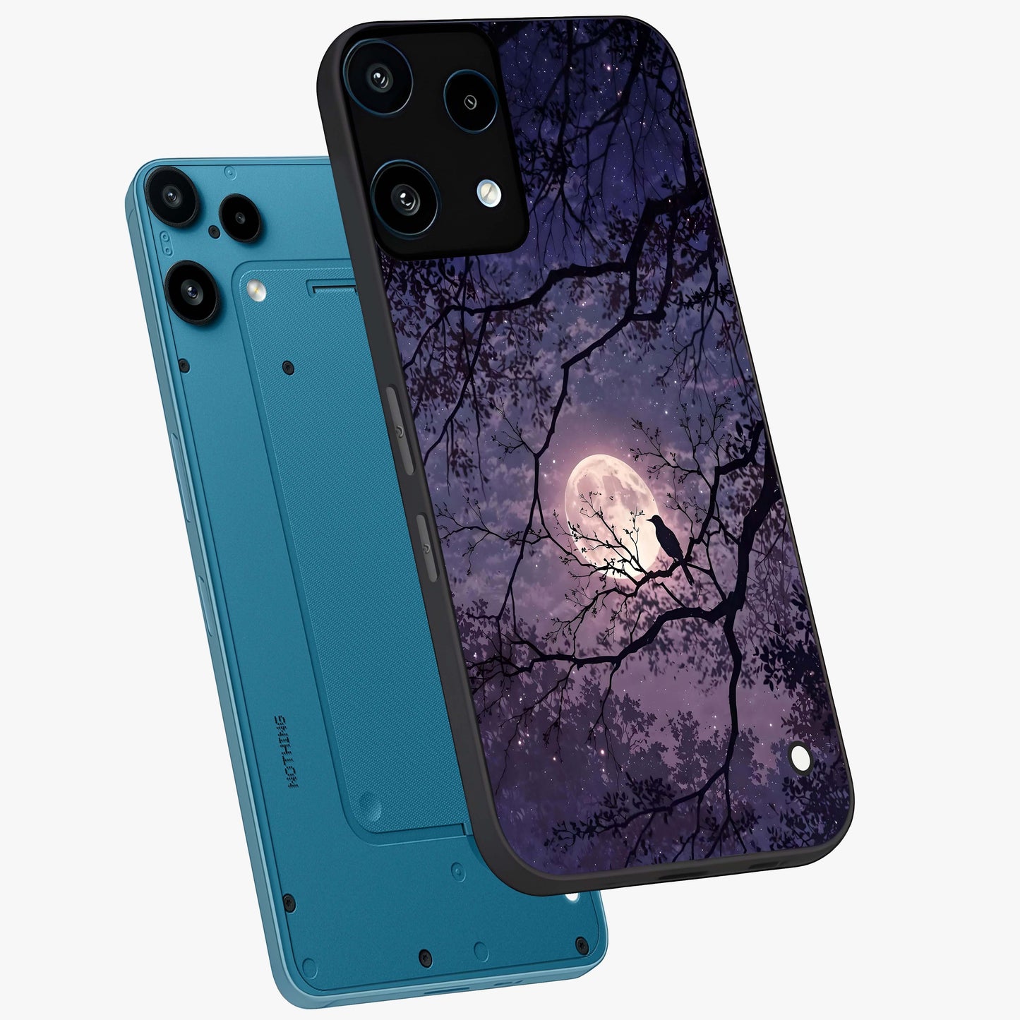 Whispering Moon Silence Glass Case displayed in angled mockup highlighting calm lunar design with dreamy night aesthetic.