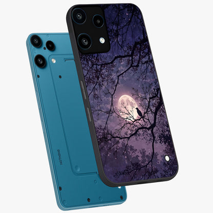 Whispering Moon Silence Glass Case displayed in angled mockup highlighting calm lunar design with dreamy night aesthetic.