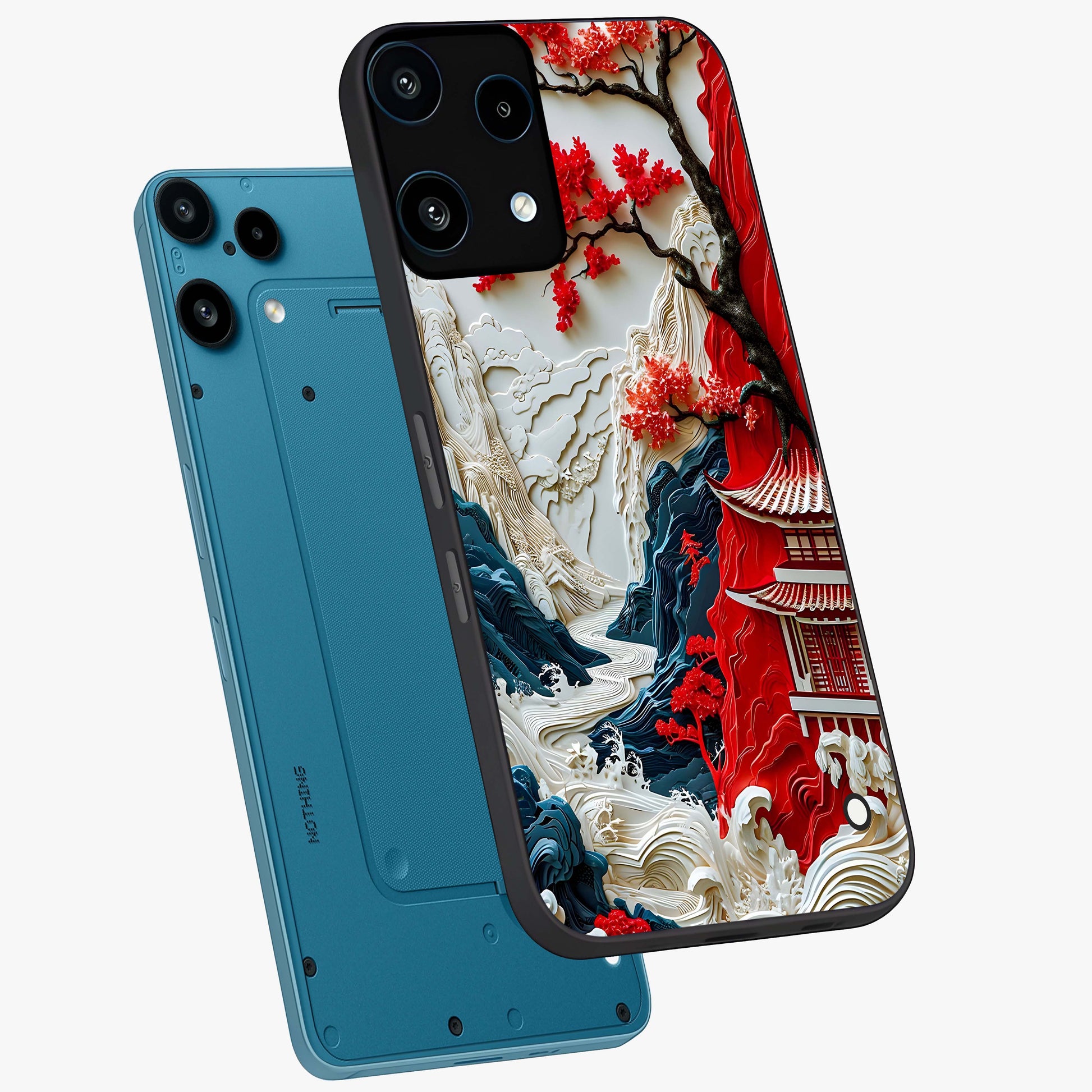 Whispers Of Sakura Waves Glass Case displayed in angled mockup highlighting flowing sakura design with soft floral aesthetic.