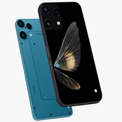 Whispers Of Wings Glass Case displayed in angled mockup highlighting soft feather design with celestial aesthetic style.
