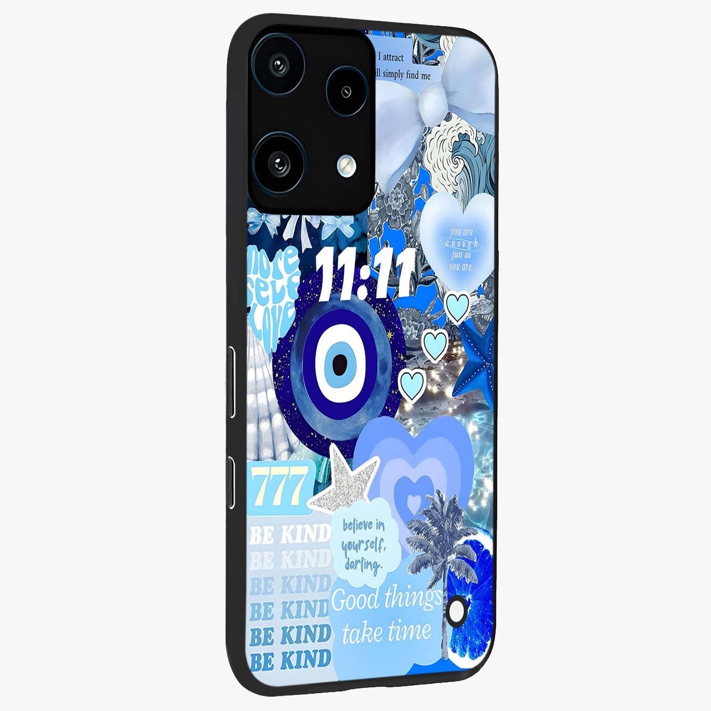 Aesthetic Be Kind Eye Glass Case upright view showcasing stylish eye illustration with positive message theme.