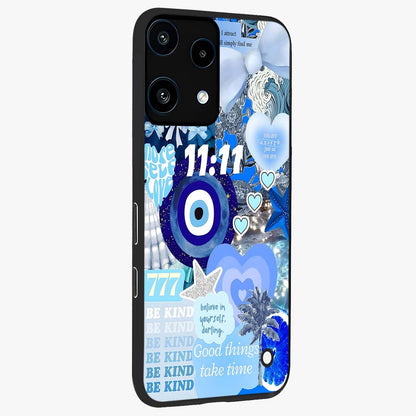 Aesthetic Be Kind Eye Glass Case upright view showcasing stylish eye illustration with positive message theme.