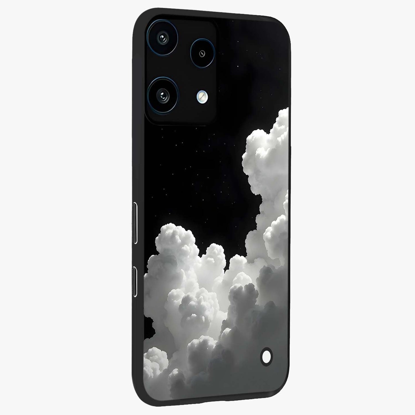 Black Background With White Cloud Glass Case upright view showcasing calm cloud aesthetic with modern minimal style.