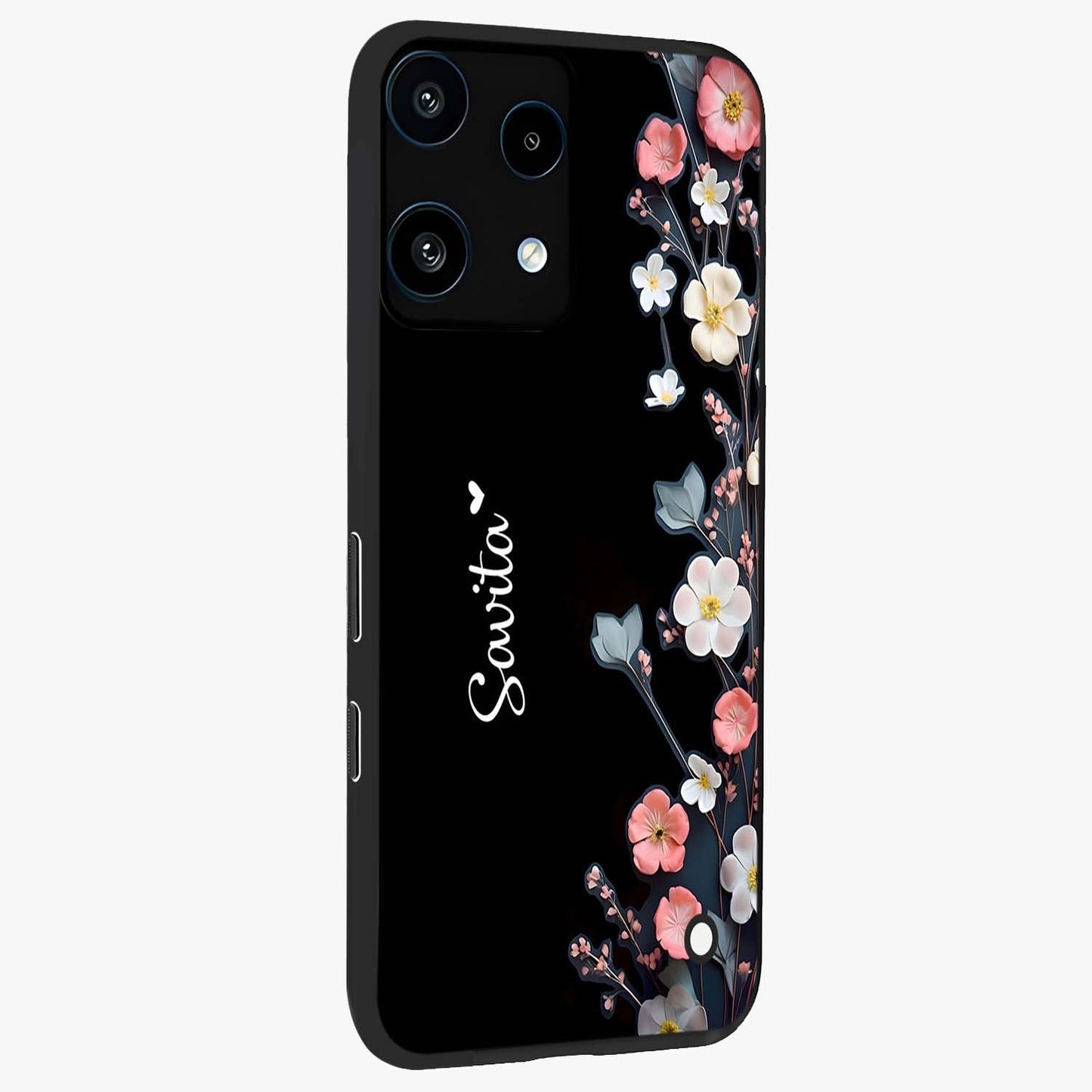 Black Elegance Floral Custom Name Glass Case upright view showcasing luxurious black floral design with personalized name detail.