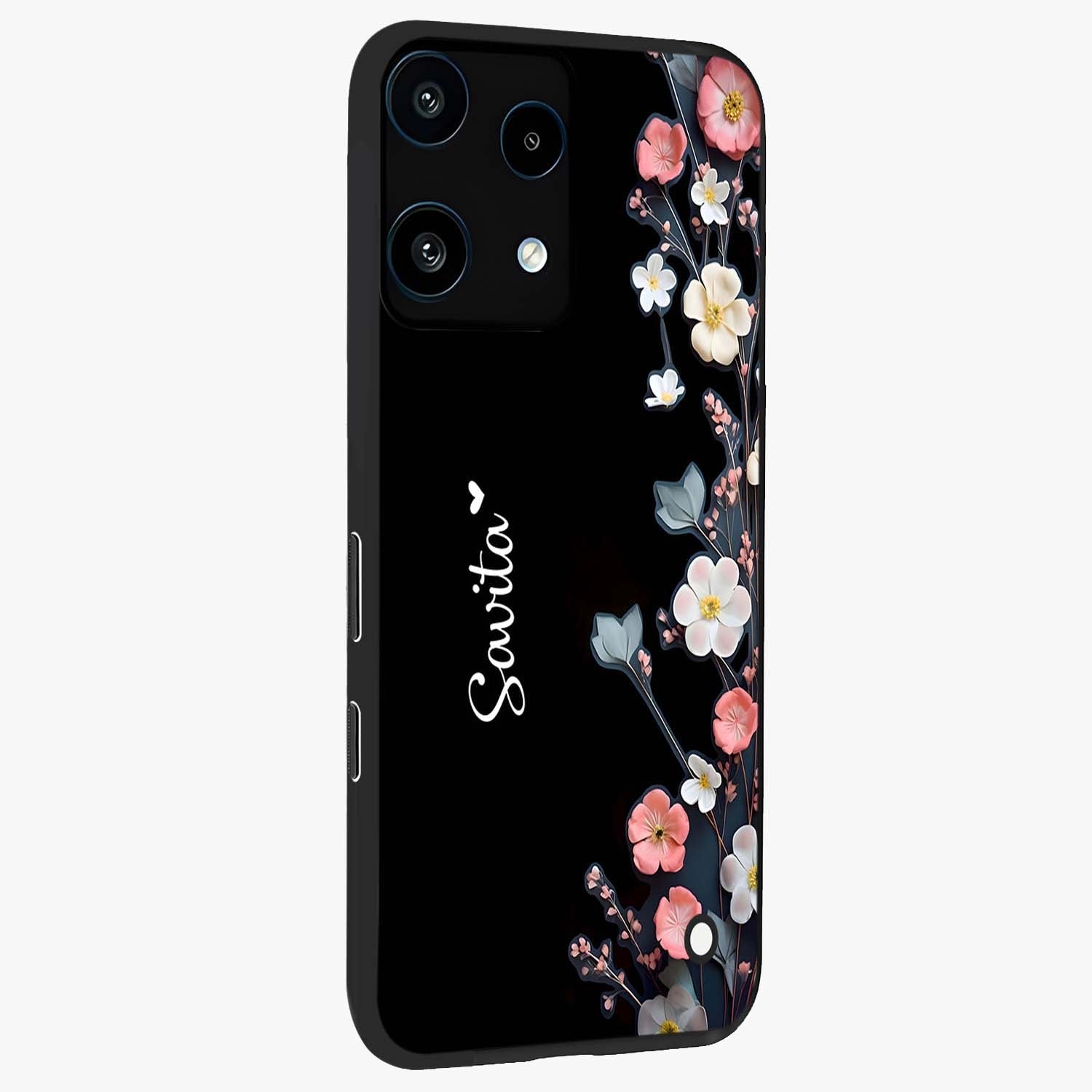 Black Elegance Floral Custom Name Glass Case upright view showcasing luxurious black floral design with personalized name detail.