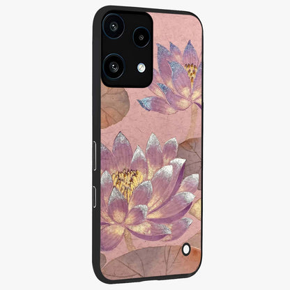 Blossom Mist Lotus Glass Case upright view showcasing graceful lotus flower design with peaceful botanical style.
