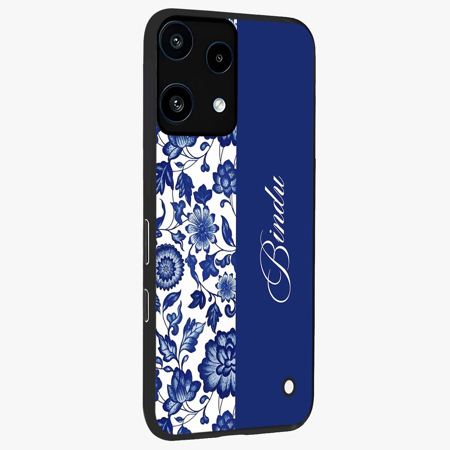 Blue Vintage Floral Pattern Glass Case upright view showcasing delicate blush floral texture with modern minimal style.