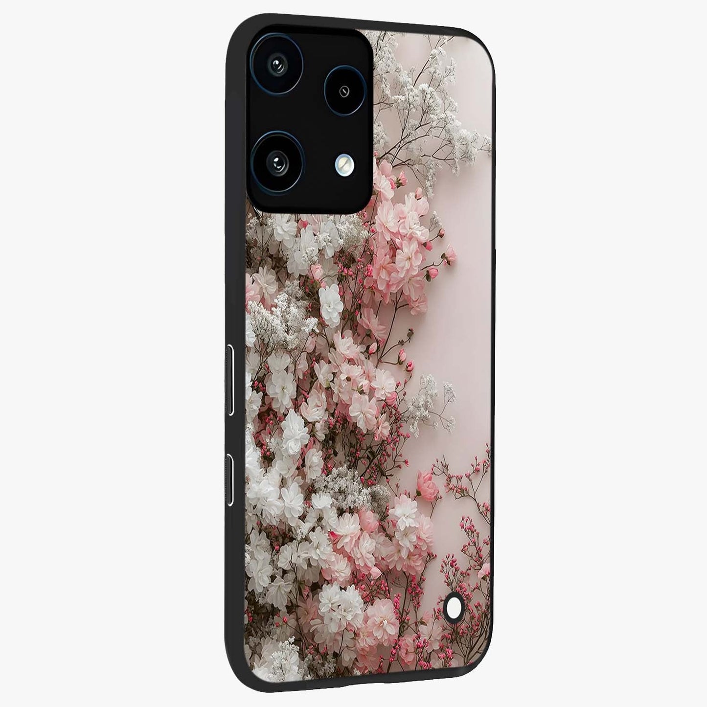 Blush Blossom Cloud Glass Case upright view showcasing calm floral cloud artwork with gentle dreamy theme.