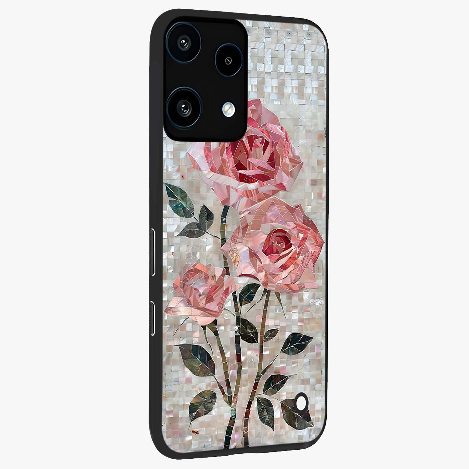 Blush Mosaic Bloom Glass Case upright view showcasing decorative floral mosaic artwork with stylish modern aesthetic.