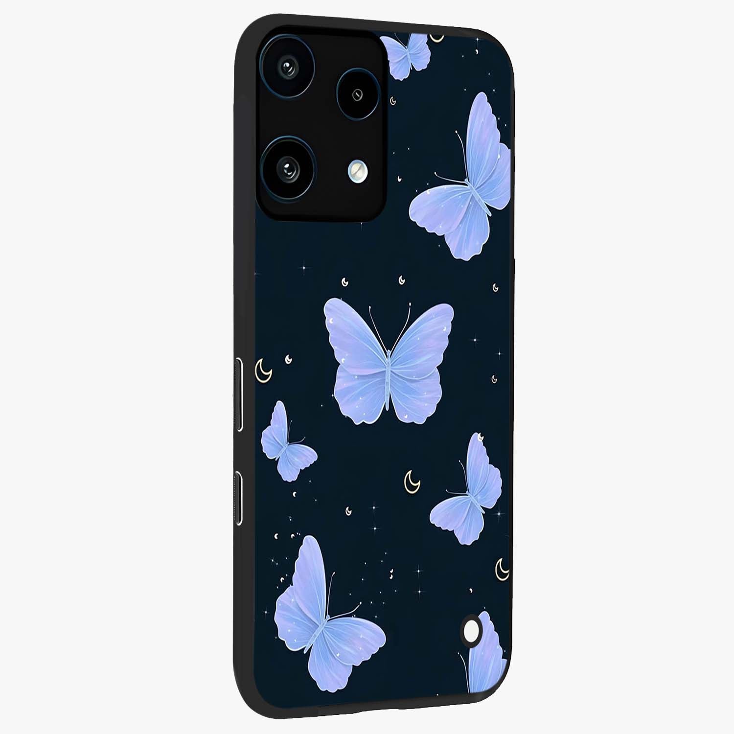Butterfly With Stars Pattern Glass Case upright view showcasing celestial butterfly artwork with sparkling star elements.