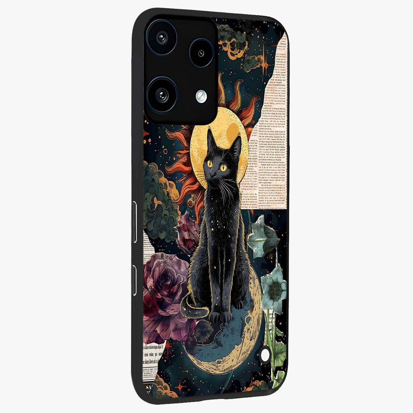 Celestial Black Cat Glass Case upright view showcasing magical black cat illustration with starry cosmic theme.