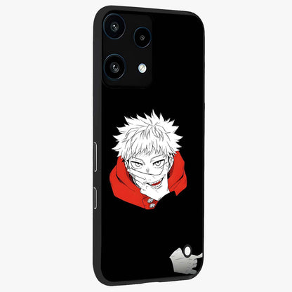 Crimson Chaos Smile Glass Case upright view showcasing expressive chaotic artwork with striking visual theme.