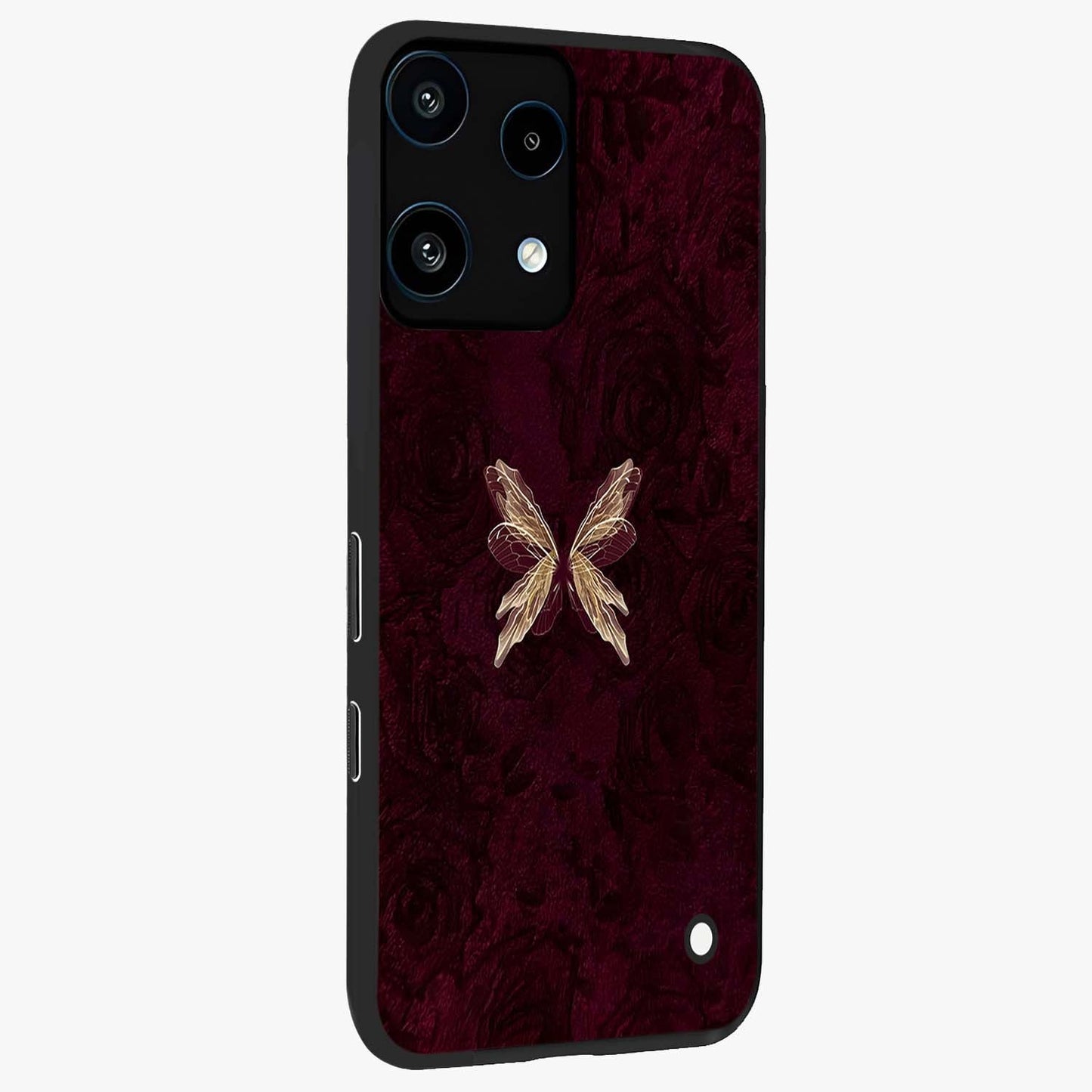 Crimson Fade Butterfly Glass Case upright view showcasing graceful butterfly artwork with soft crimson fade effect.