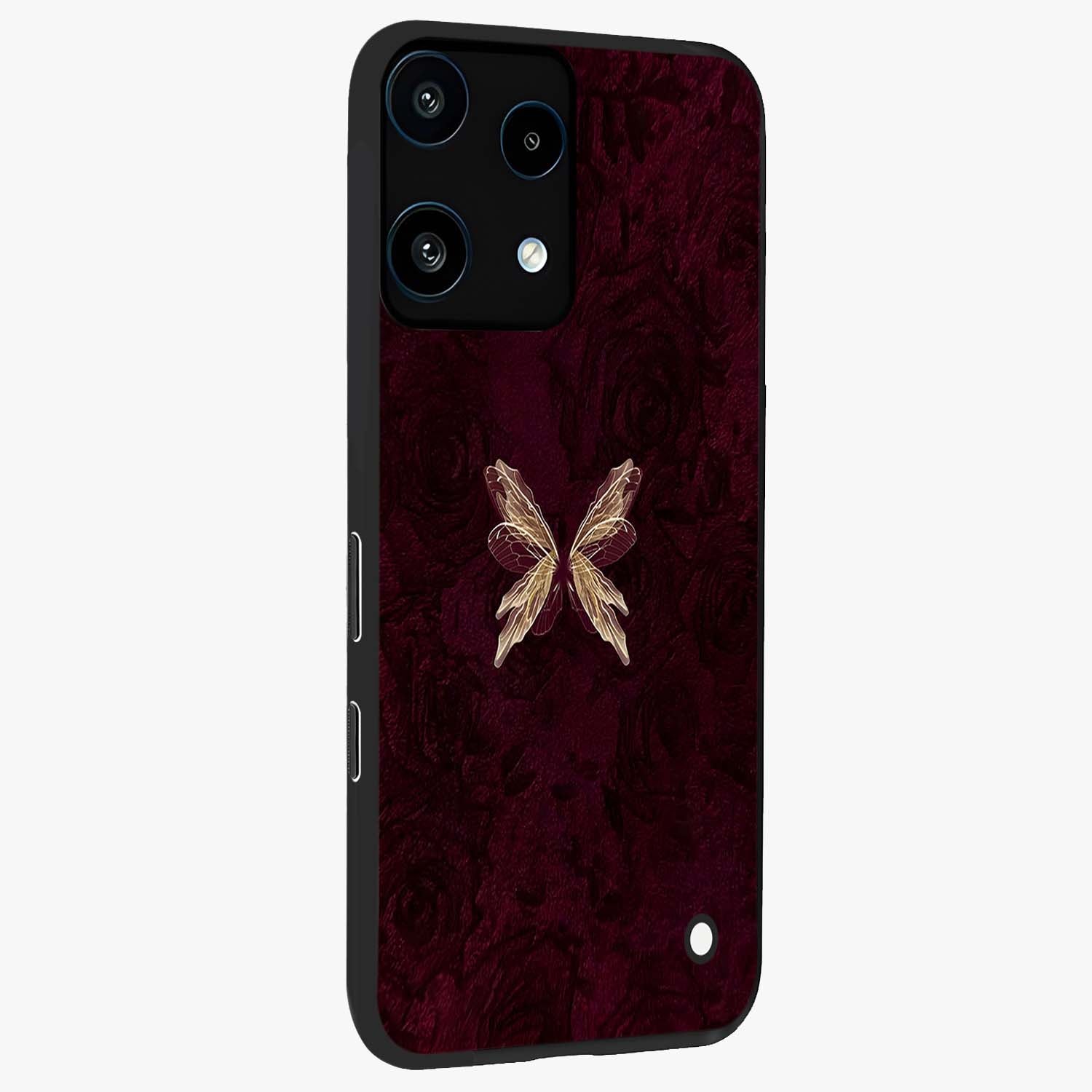 Crimson Fade Butterfly Glass Case upright view showcasing graceful butterfly artwork with soft crimson fade effect.