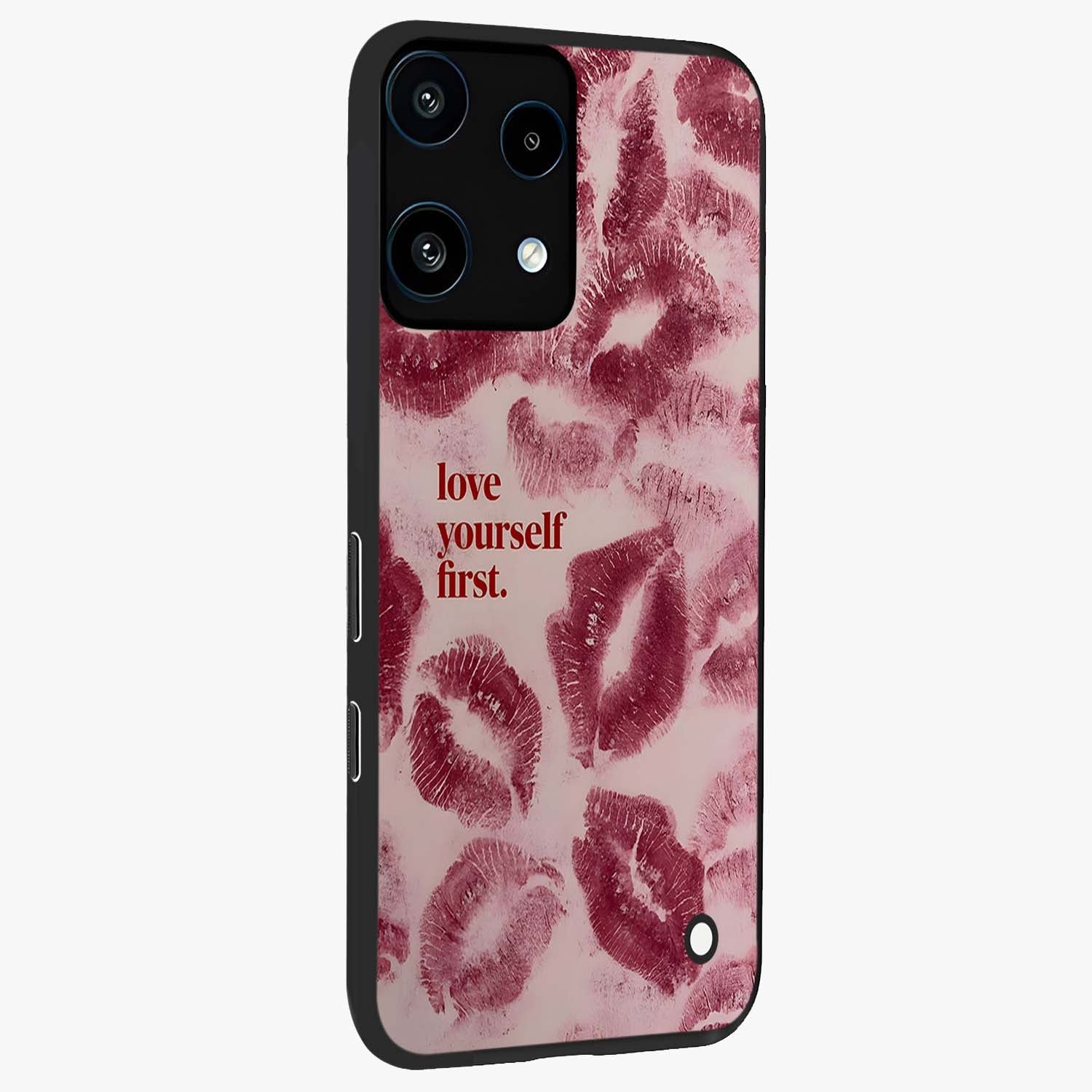 Crimson Kiss Love Glass Case upright view showcasing expressive romantic artwork with deep crimson theme.