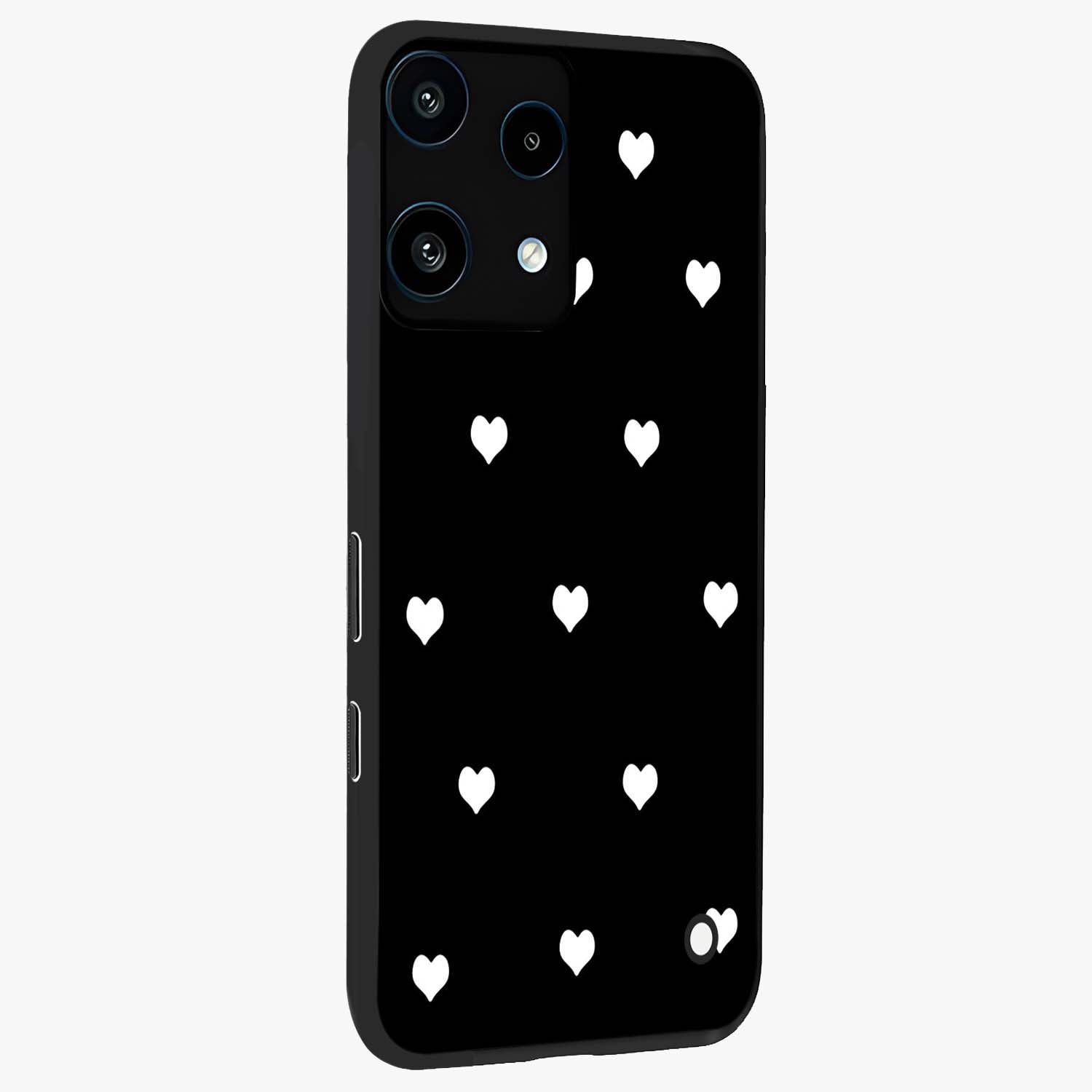 Cute And Simple White Hearts Glass Case upright view showcasing simple white hearts artwork with soft minimal theme.
