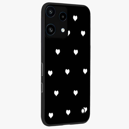 Cute And Simple White Hearts Glass Case upright view showcasing simple white hearts artwork with soft minimal theme.