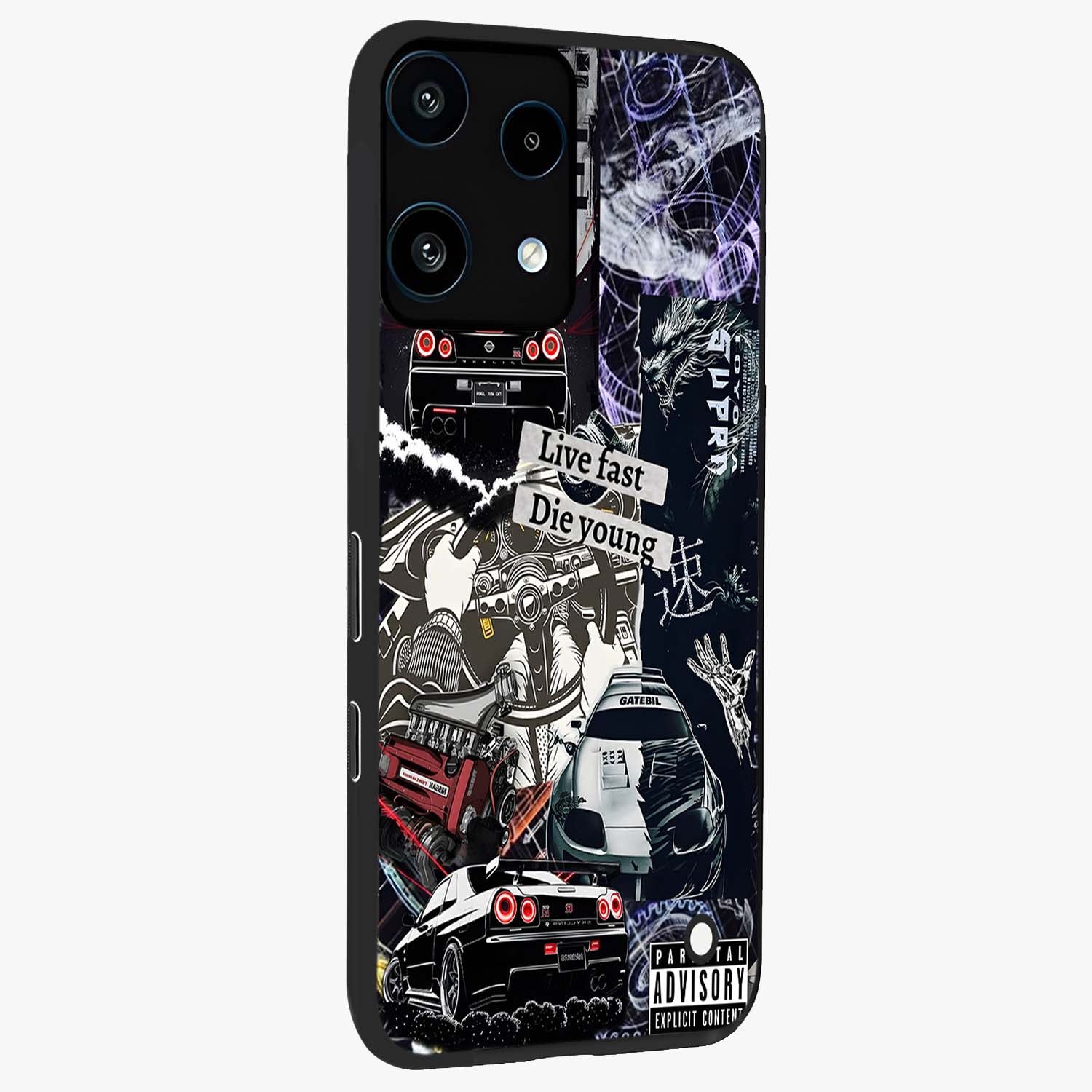 Die Young Glass Case upright view showcasing striking typography artwork with modern statement theme.