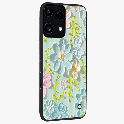 Frosted Petal Garden Glass Case upright view showcasing elegant floral garden artwork with soothing pastel theme.