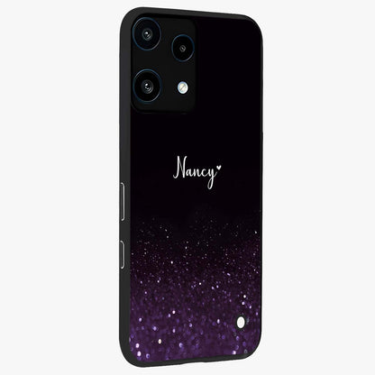 Glittery Purple Bokeh Custom Name Glass Case upright view showcasing vibrant purple sparkle artwork with personalized aesthetic style.