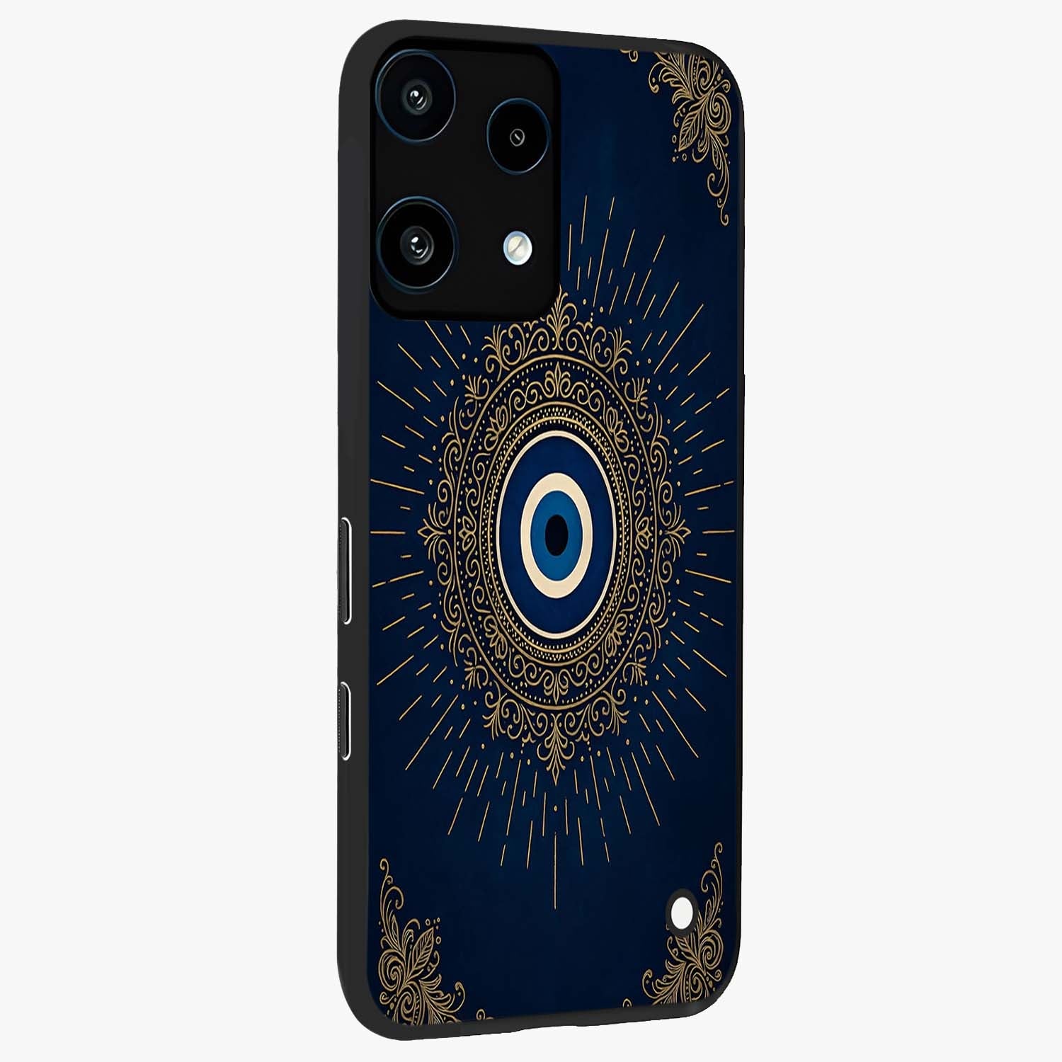 Golden Celestial Charm Glass Case upright view showcasing radiant celestial artwork with elegant golden theme.
