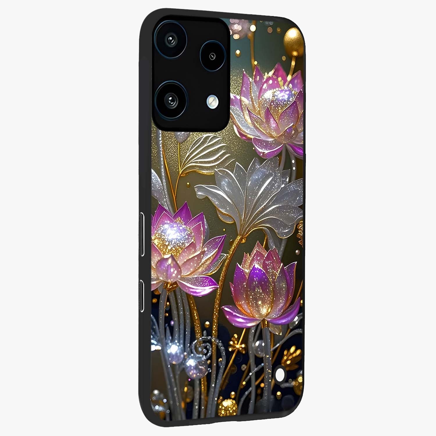 Golden Floral Majesty Glass Case upright view showcasing majestic floral artwork with rich decorative theme.