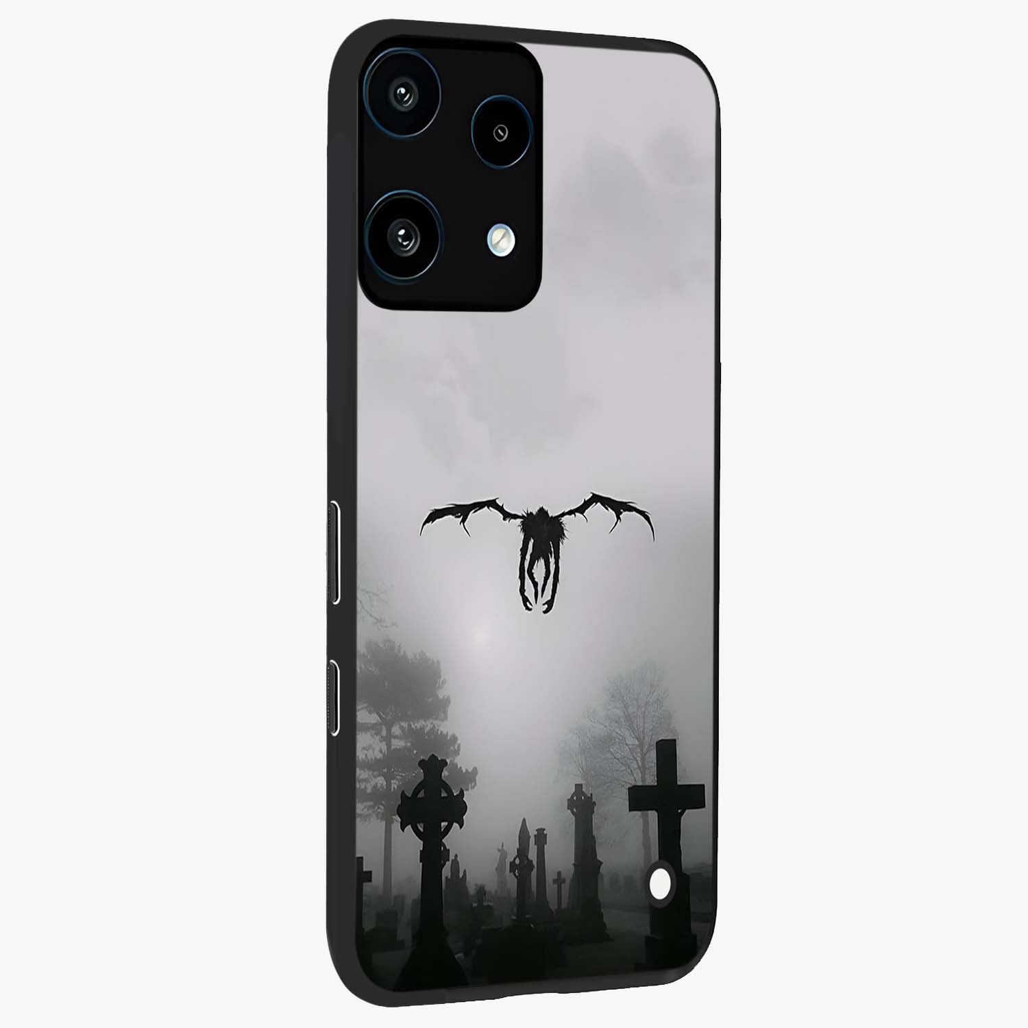 Graveyard Shadow Descent Glass Case upright view showcasing haunting graveyard artwork with dramatic dark theme.