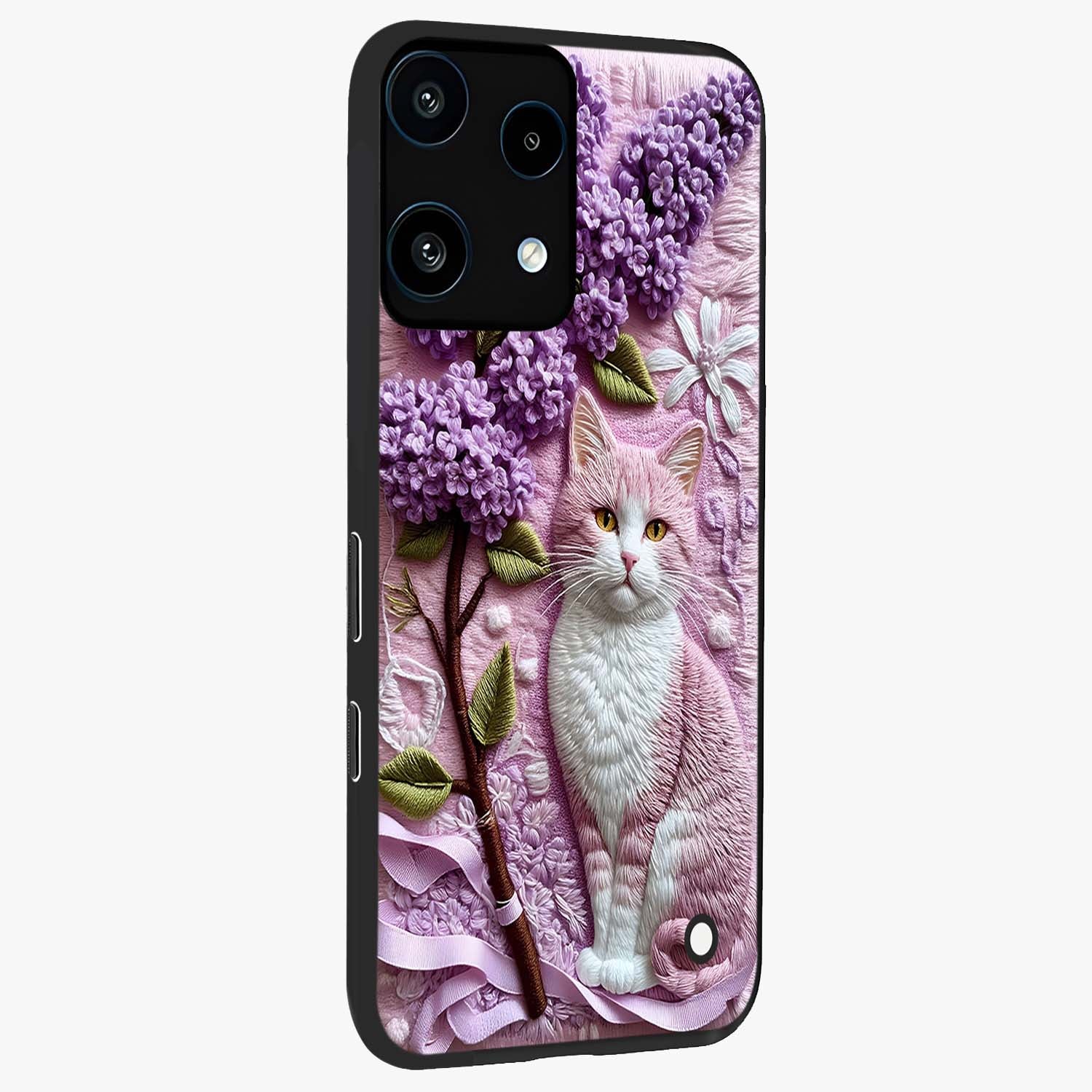 Lavender Cat Whimsy Glass Case upright view showcasing charming cat artwork with whimsical lavender theme.
