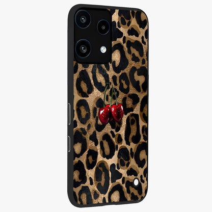 Leopard Wild Cherry Glass Case upright view showcasing stylish leopard pattern artwork with trendy fashion theme.