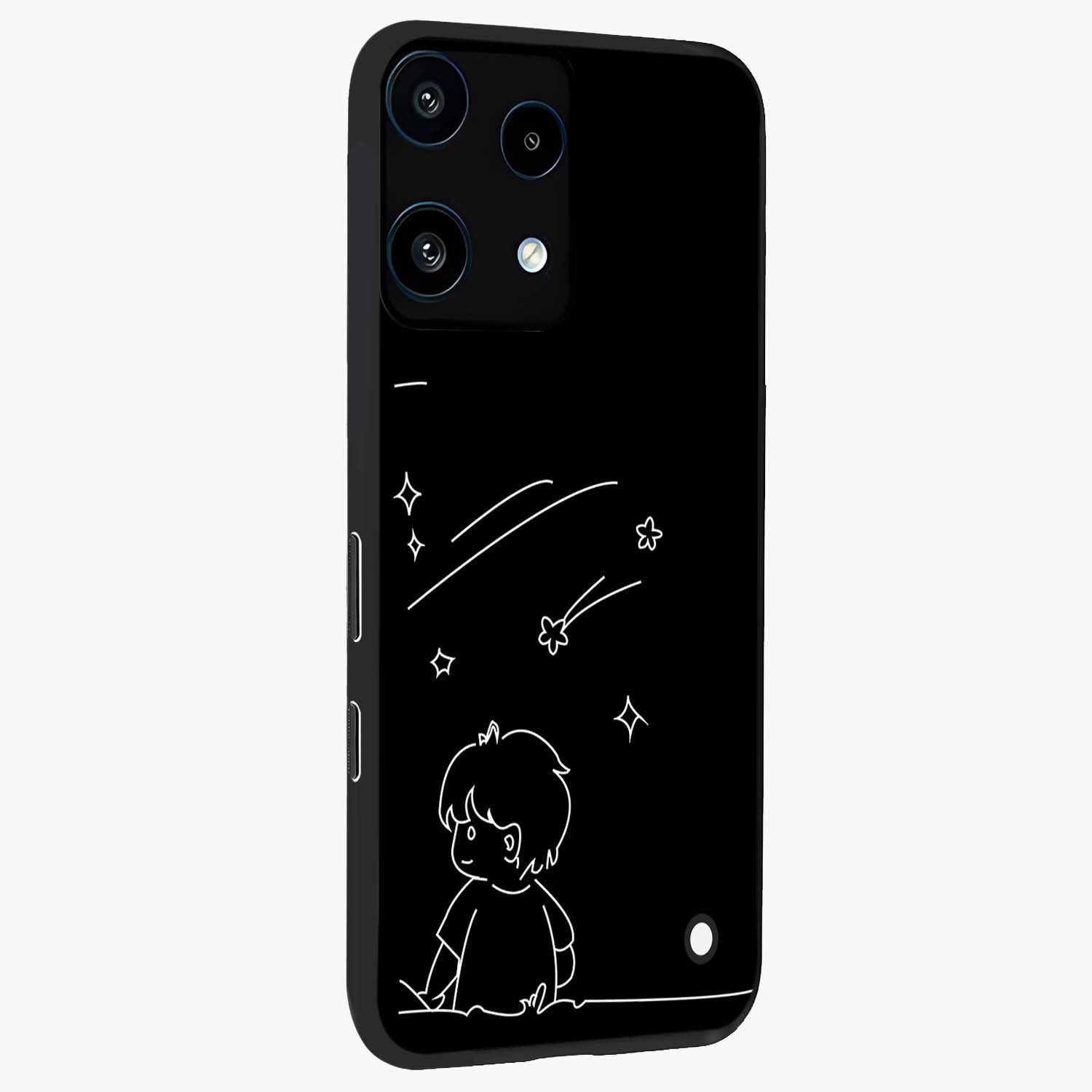 Line Art Boy With Shooting Stars Glass Case upright view showcasing artistic shooting star illustration with minimal style.