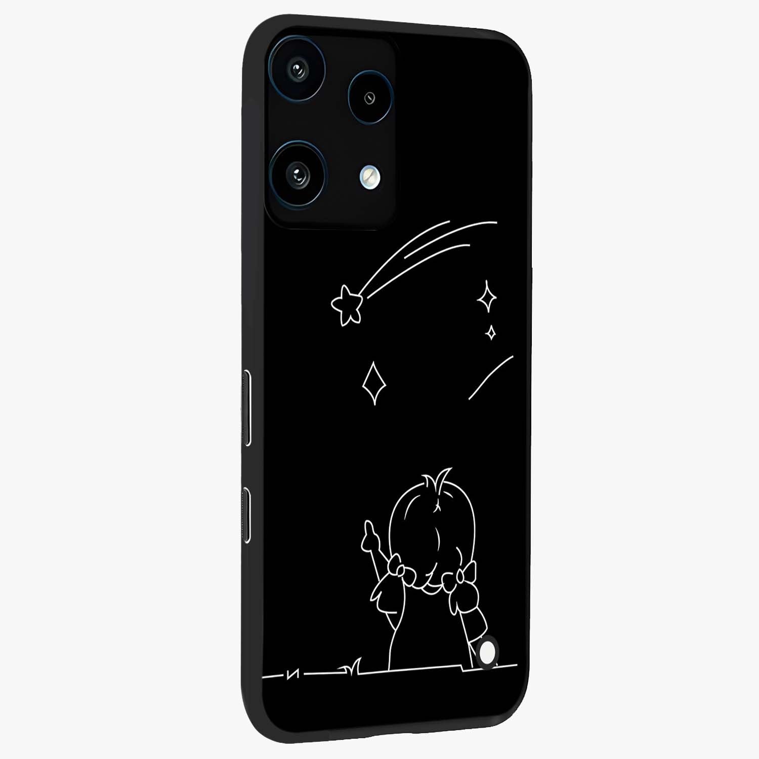 Line Art Girl With Shooting Stars Glass Case upright view showcasing delicate shooting stars artwork with minimal artistic theme.
